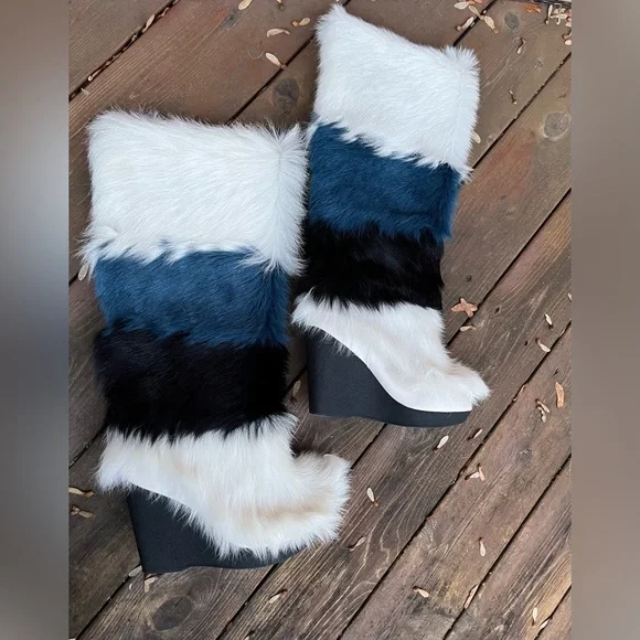 Frye X Anna Sui 2015 Colorblock Goat Fur Wedge Runway Boots EUC Size 8.5